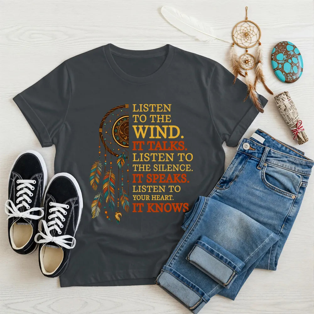 A charcoal slate Native America t-shirt featuring a dreamcatcher and motivational quote.