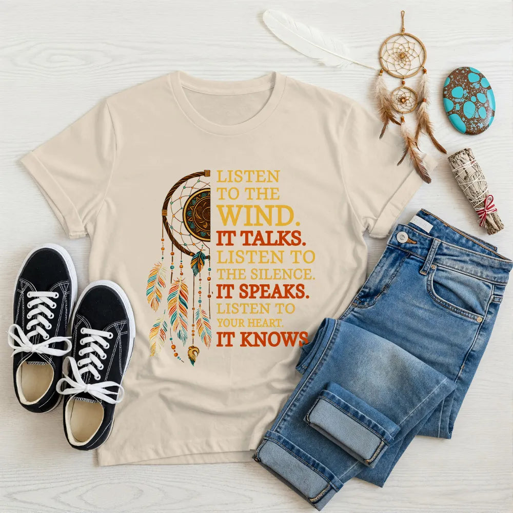 A desert sand Native America t-shirt featuring a dreamcatcher and motivational quote.