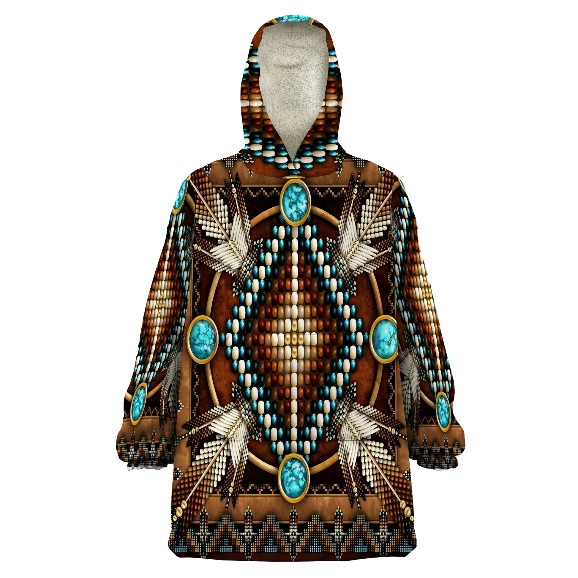 Front view of snug sherpa hoodie displaying intricate beadwork design with arrows, turquoise accents, and feather motifs on a brown background
