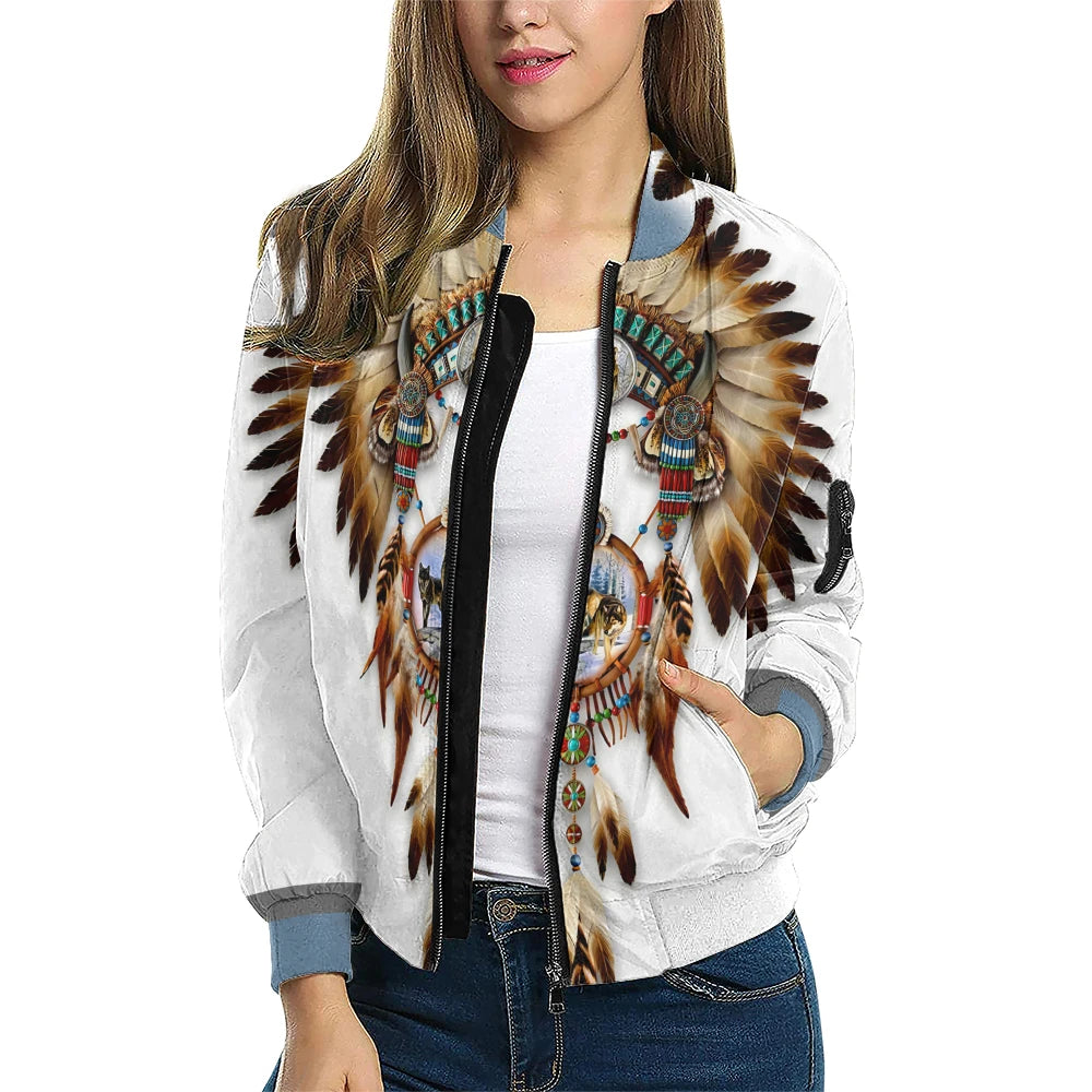 Native American Dreamcatcher Fleece Bomber Jacket with white feather design and tribal embroidery