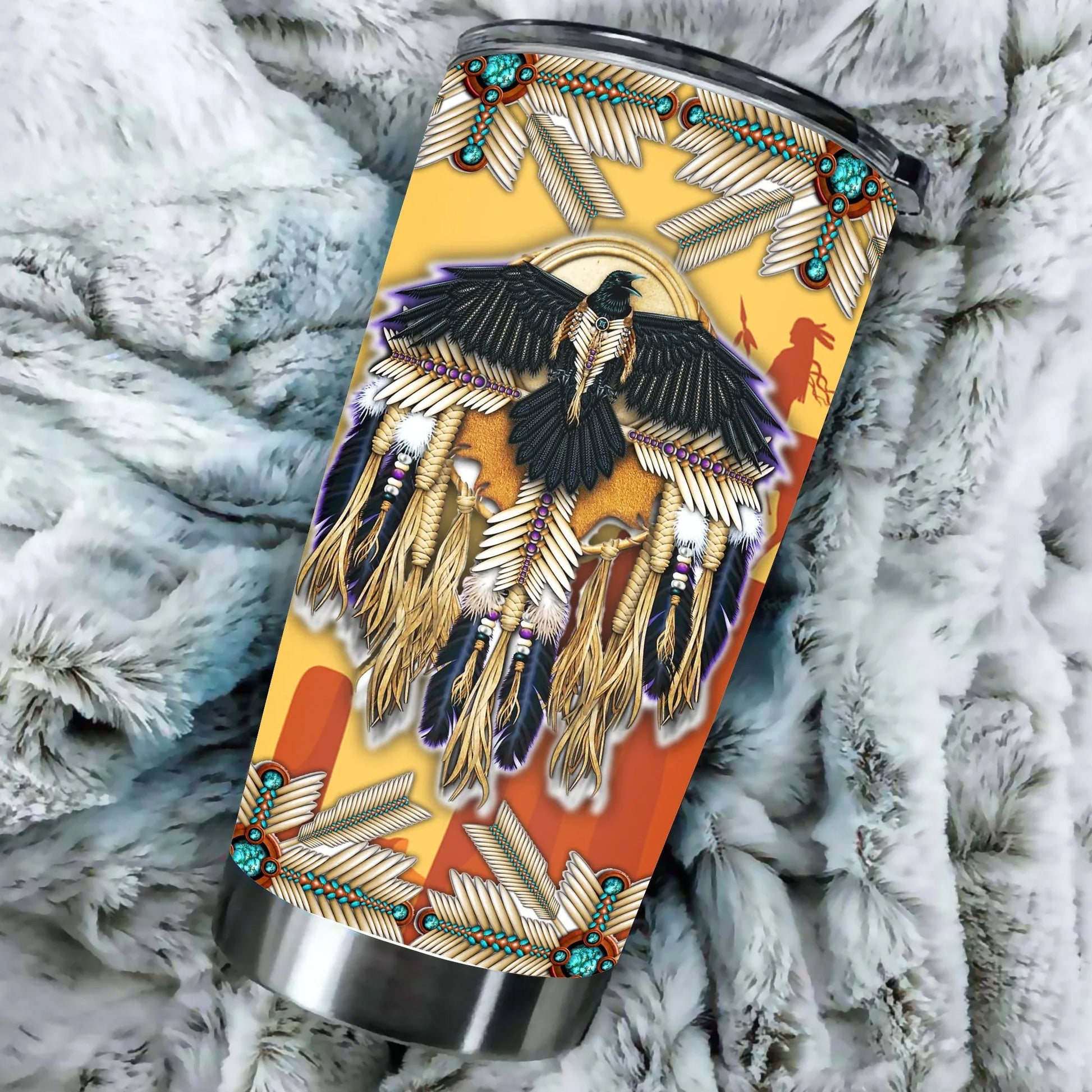Close-up detail of Native American eagle dreamcatcher design on stainless steel tumbler showing feathers and beadwork