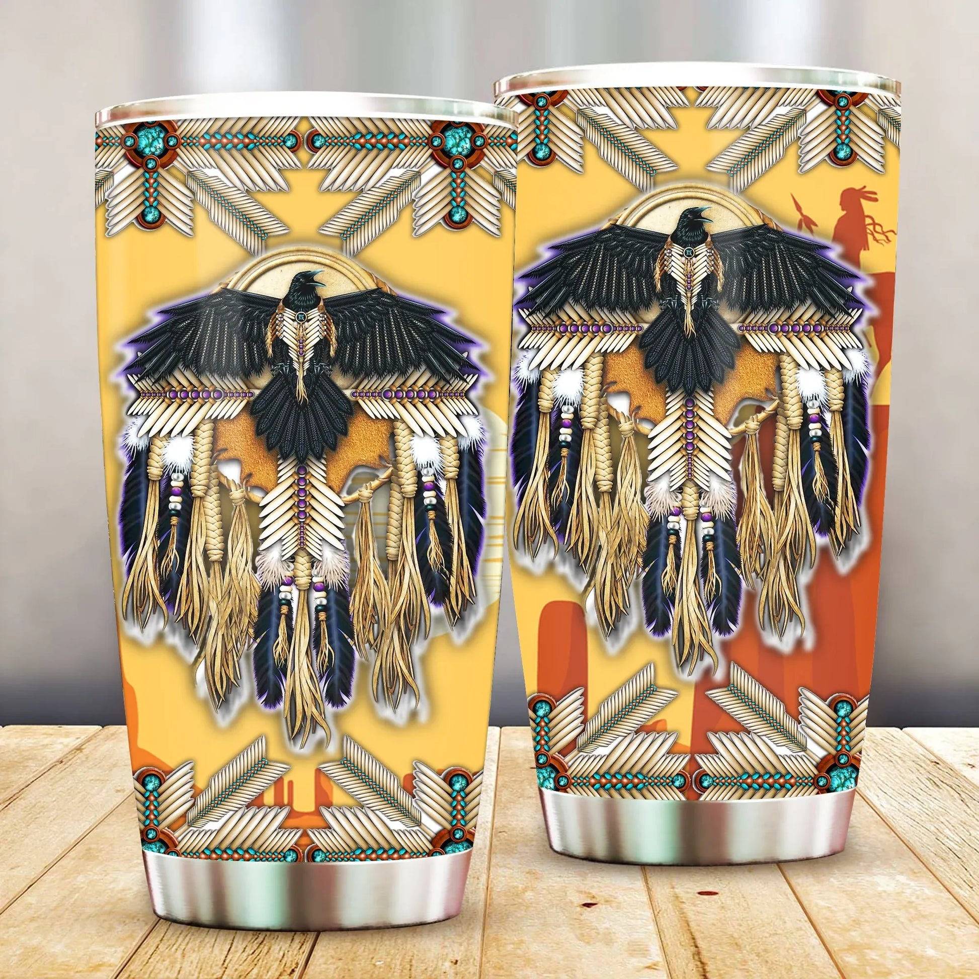 Front view of Native American eagle dreamcatcher tumbler showing intricate feather and turquoise bead artwork