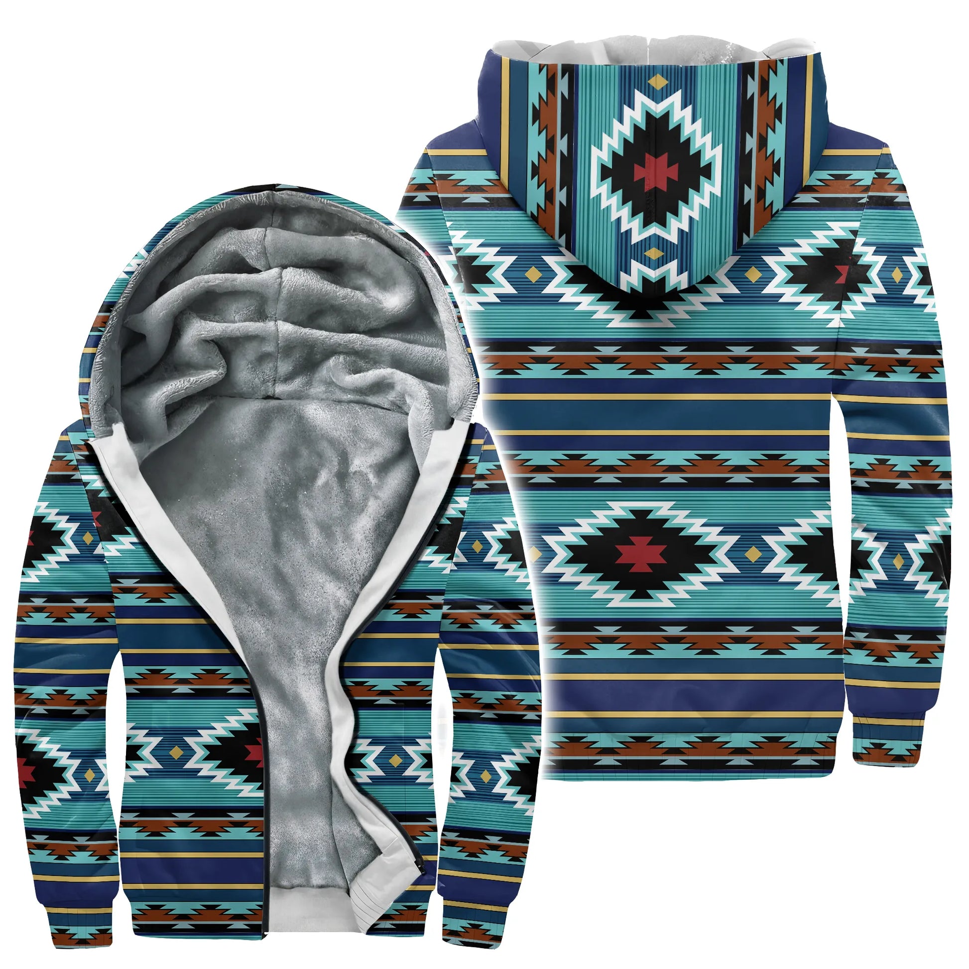 Native American inspired Velvet  jacket with geometric tribal pattern, unisex outerwear, front open showing soft inner lining.