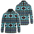 Native American style Windbreaker Jacket with bold geometric tribal patterns, unisex outerwear, front and back view.