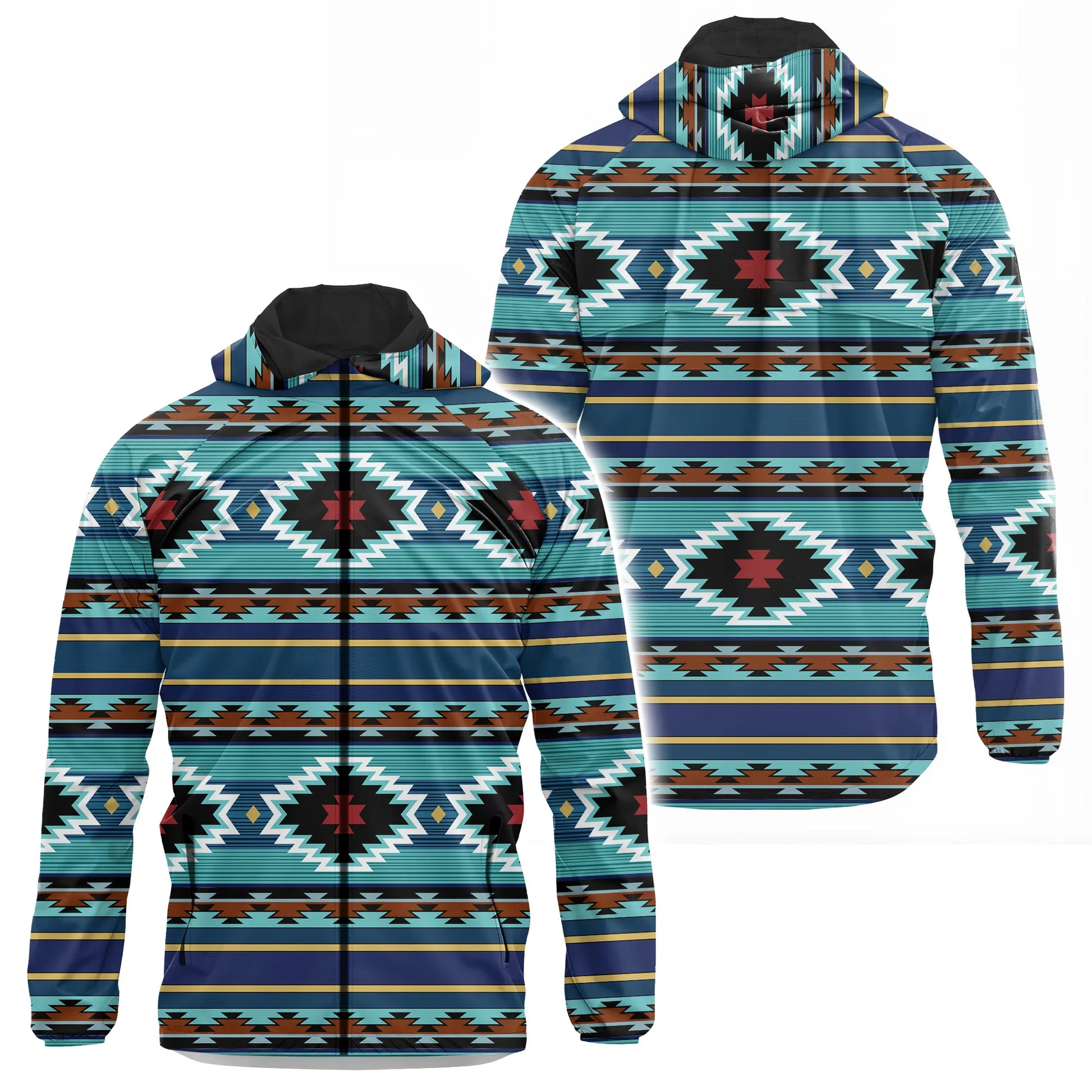 Native American style Windbreaker Jacket with bold geometric tribal patterns, unisex outerwear, front and back view.