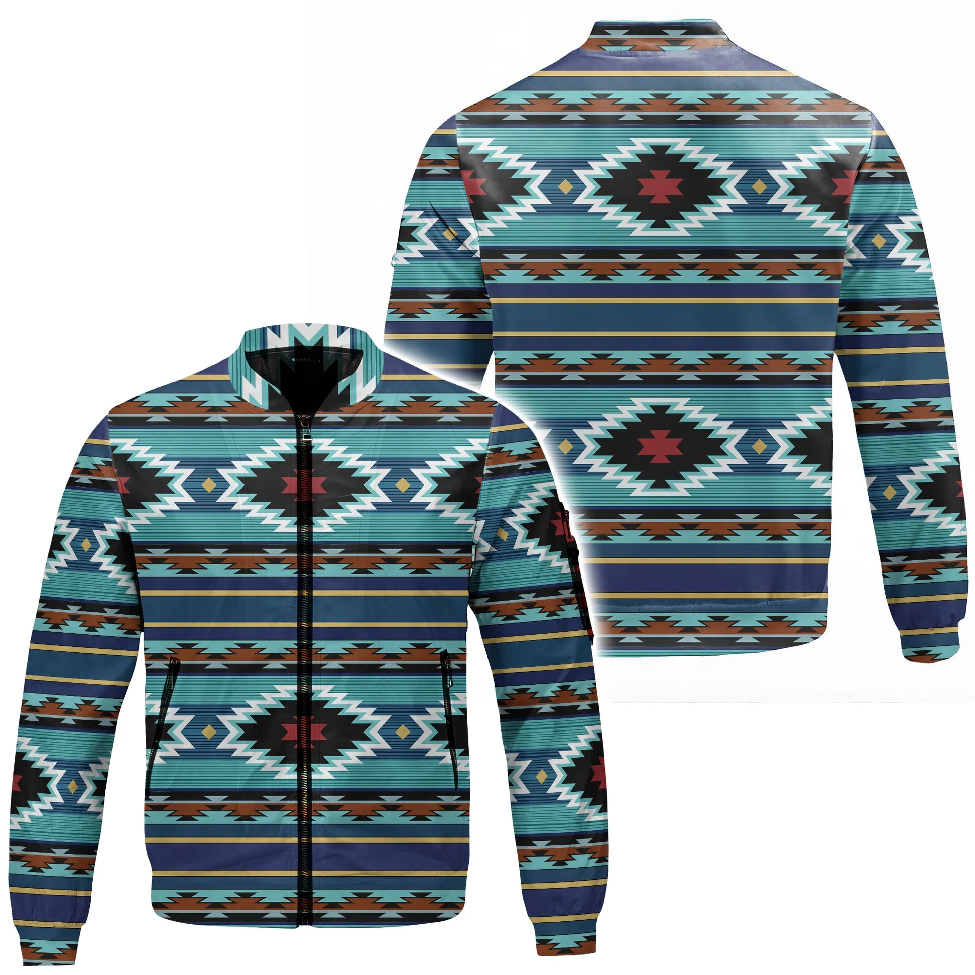 Geometric tribal pattern bomber jacket inspired by Native American designs, unisex outerwear, front and back view.