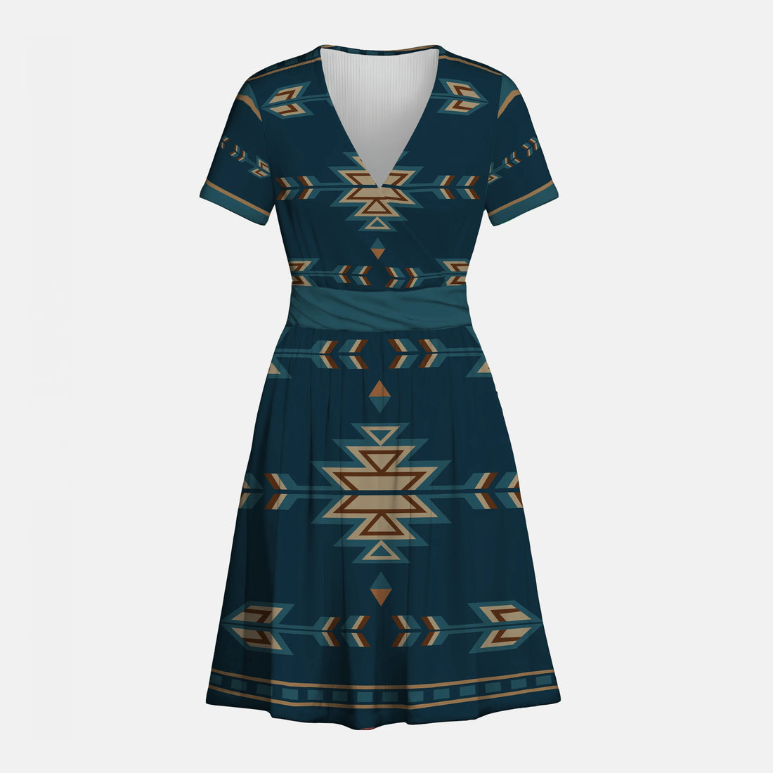 Front view of Native American Navajo geometric pattern dress featuring Southwestern tribal design