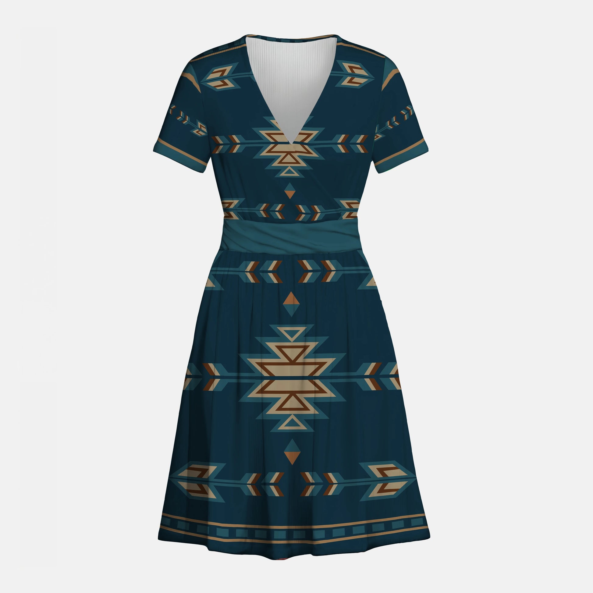 Front view of Native American Navajo geometric pattern dress featuring Southwestern tribal design