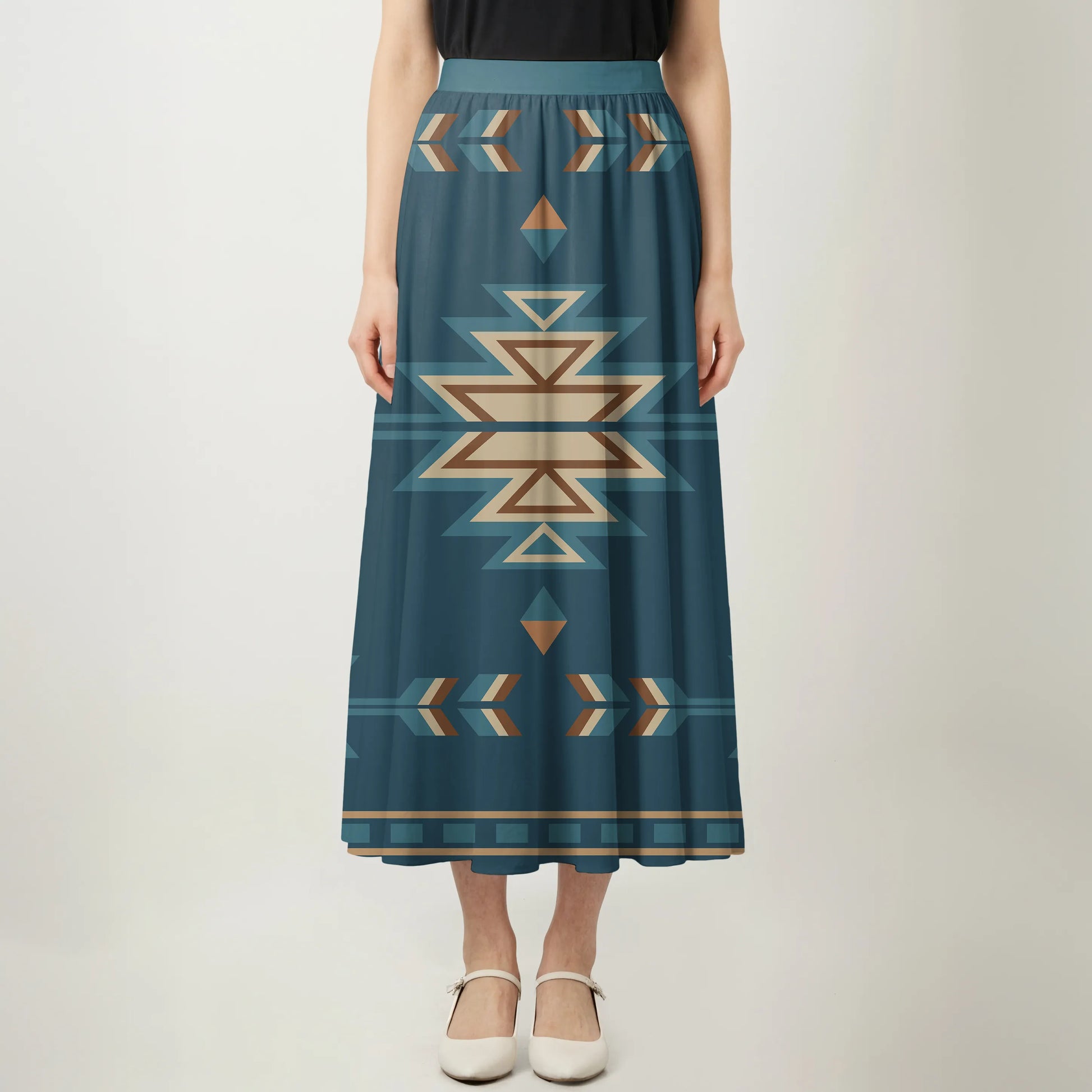 Front view of Native American Navajo geometric pattern skirt maxi featuring Southwestern tribal design