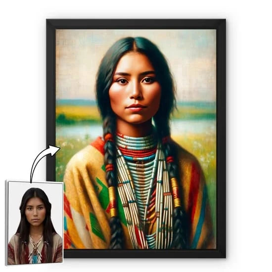Close-up of a custom portrait in Native American style created from a personal photo, featuring traditional clothing.