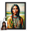 Framed version of a personalized Native American-style portrait made from a customer’s photo.