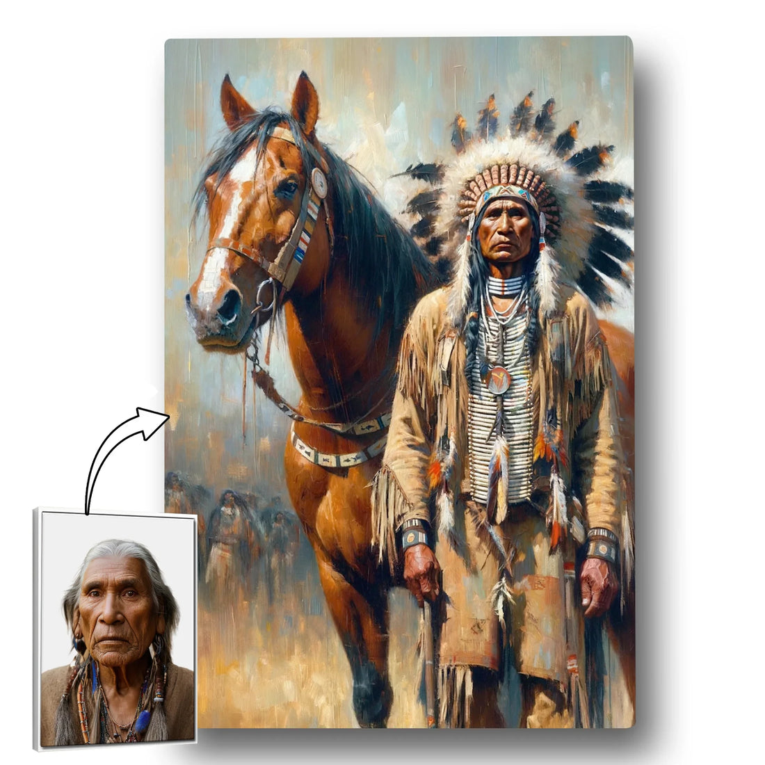 Custom digital painting of a Native American warrior in traditional attire standing beside a horse