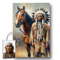 Custom digital painting of a Native American warrior in traditional attire standing beside a horse