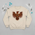 A desert sand crewneck sweatshirt with a Native American Thunderbird totem design, adorned with a dreamcatcher and turquoise stones.