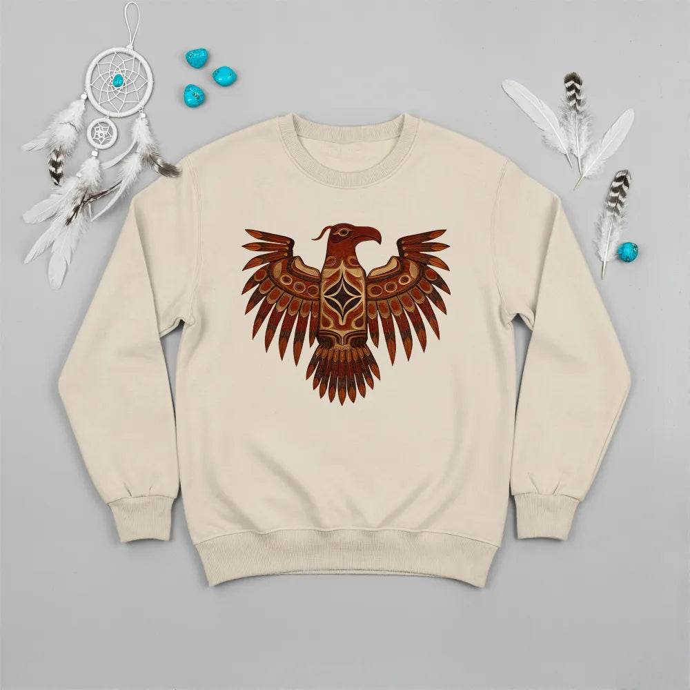 A desert sand crewneck sweatshirt with a Native American Thunderbird totem design, adorned with a dreamcatcher and turquoise stones.