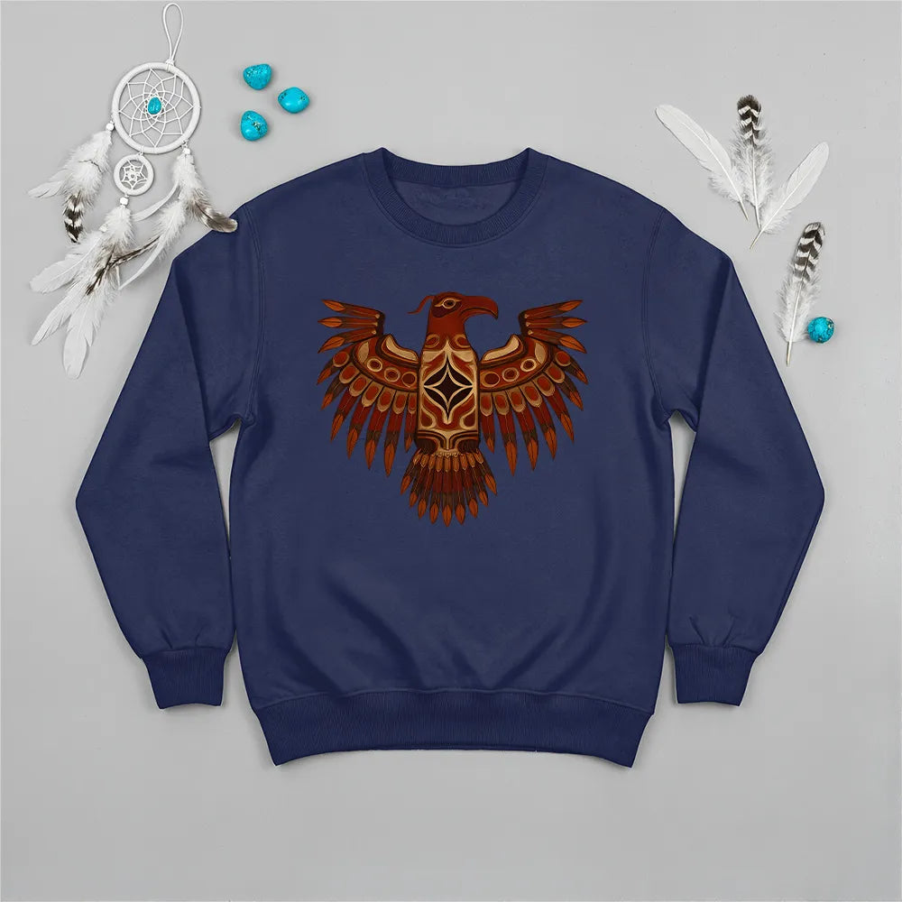 A navy blue crewneck sweatshirt with a Native American Thunderbird totem design, adorned with a dreamcatcher and turquoise stones.