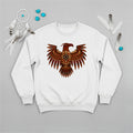 A white crewneck sweatshirt showcasing a detailed Native American Thunderbird totem print, decorated with a dreamcatcher and turquoise stones.