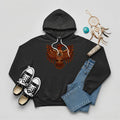 A black hoodie with a vibrant Native American Thunderbird graphic, laid flat with a pair of jeans.