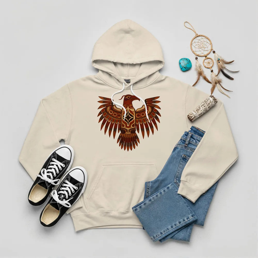 A desert sand hoodie with a Native American Thunderbird totem design, paired with jeans and sneakers.