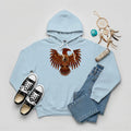 A light blue hoodie with a central Native American Thunderbird artwork, presented with a casual outfit.