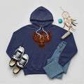 A navy blue hoodie with a Native American Thunderbird totem design, paired with jeans and sneakers.