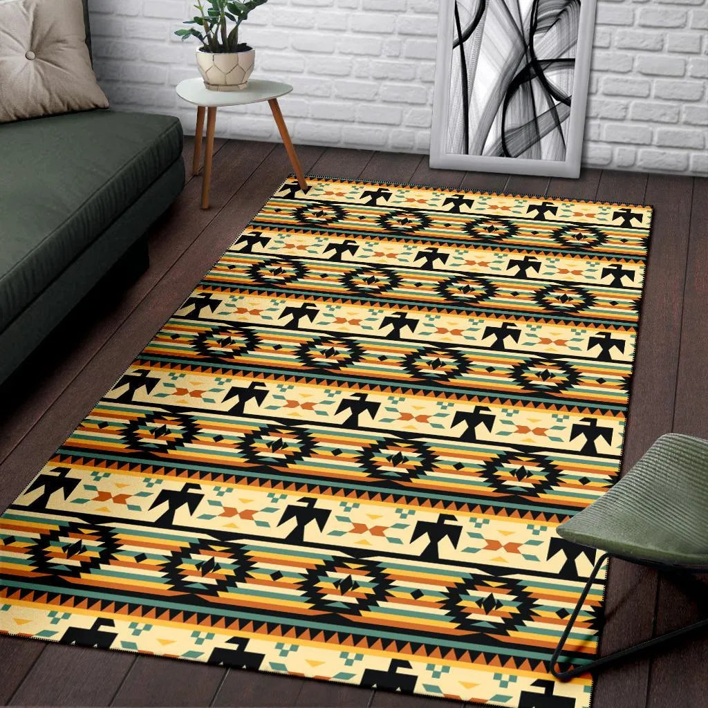 Native American inspired rug with vibrant tribal patterns in earthy tones, displayed in living room setting