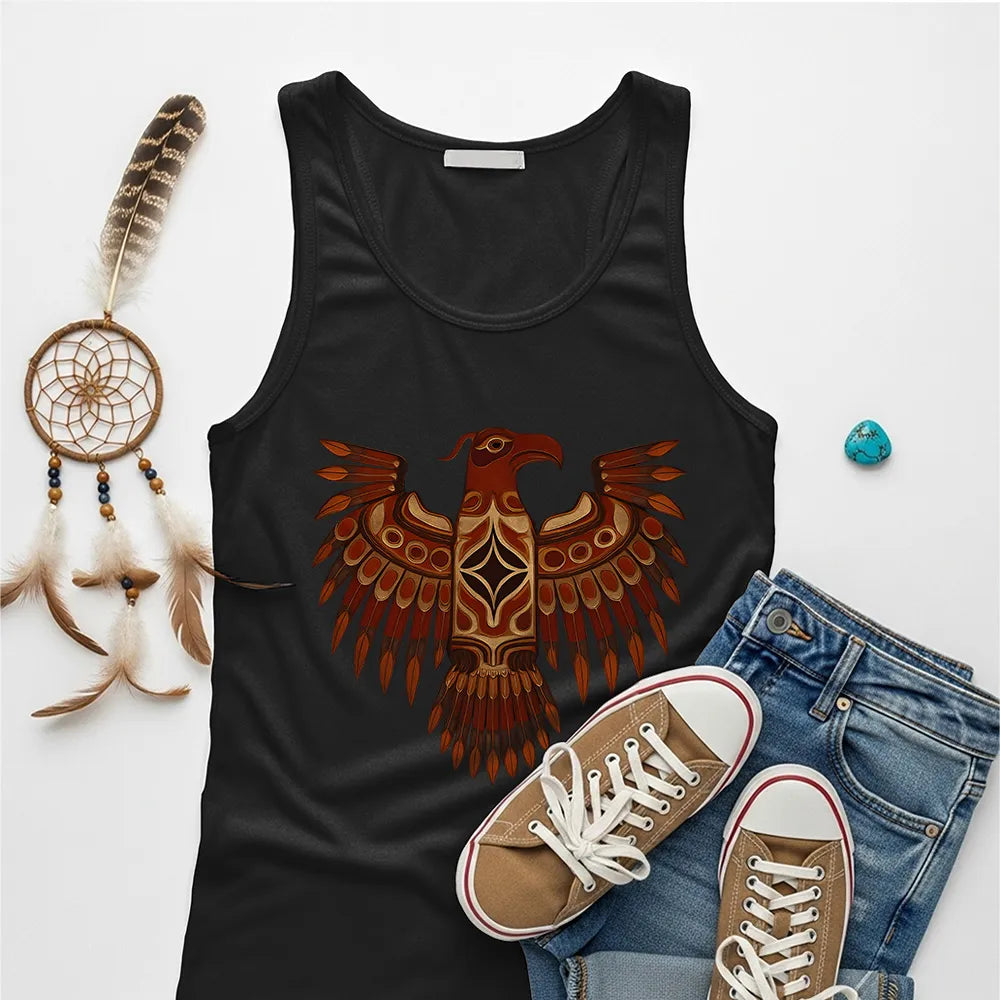  white tank top showcasing a detailed Native American Thunderbird totem print, paired with denim and black shoes.
