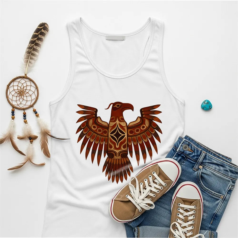  white tank top showcasing a detailed Native American Thunderbird totem print, paired with denim and black shoes.