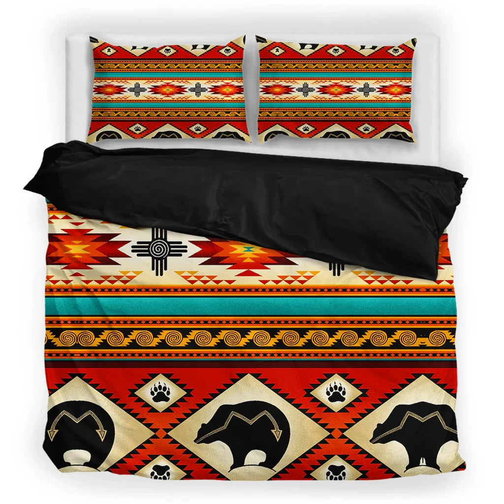 Close-up view of the intricate tribal bear pattern on the Native American inspired bedding set