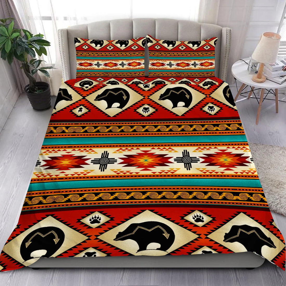 Front view of Native American inspired tribal bear bedding set with vibrant red, black, and turquoise patterns