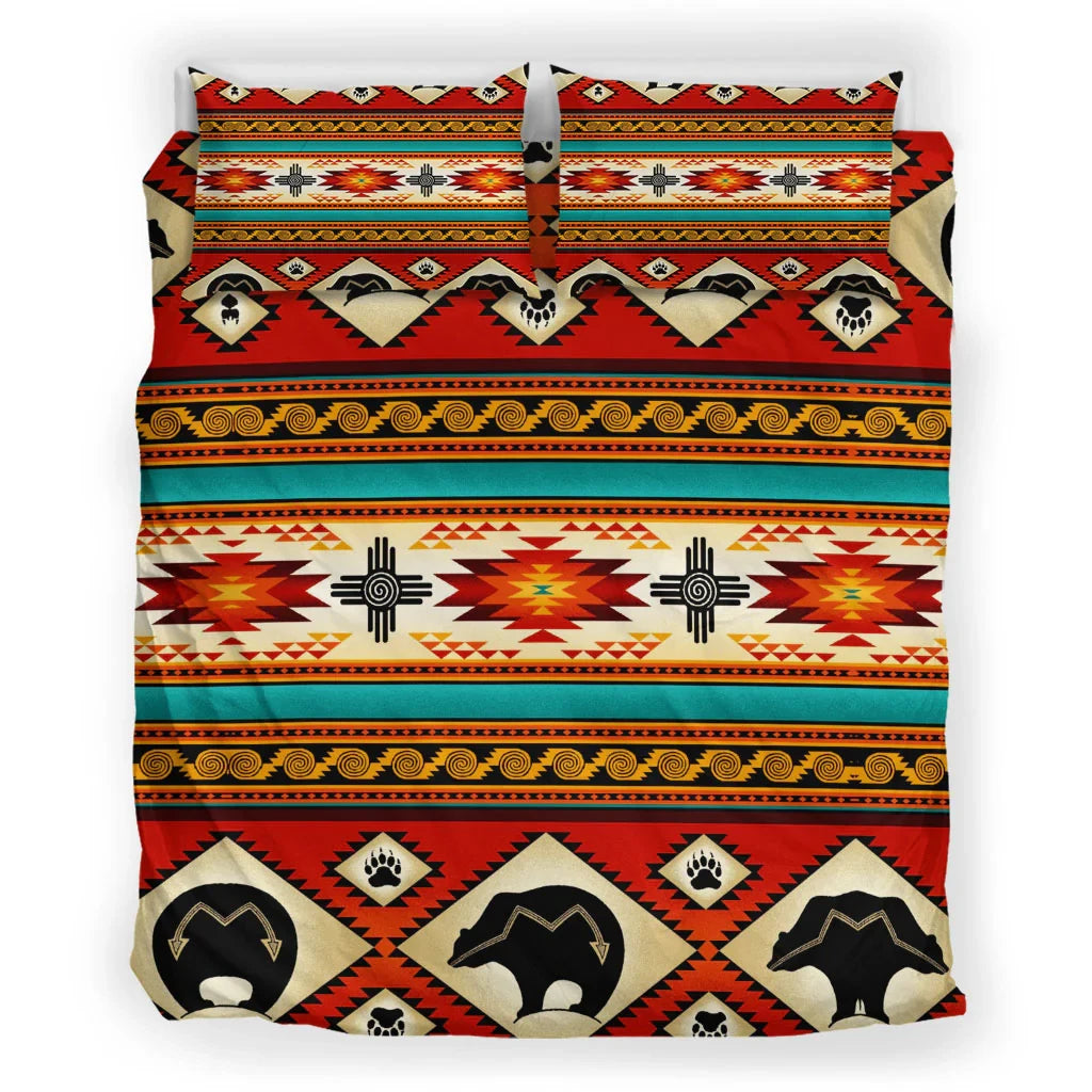 Front view of Native American inspired tribal bear bedding set with vibrant red, black, and turquoise patterns