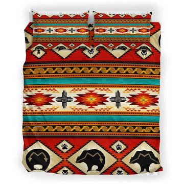Front view of Native American inspired tribal bear bedding set with vibrant red, black, and turquoise patterns
