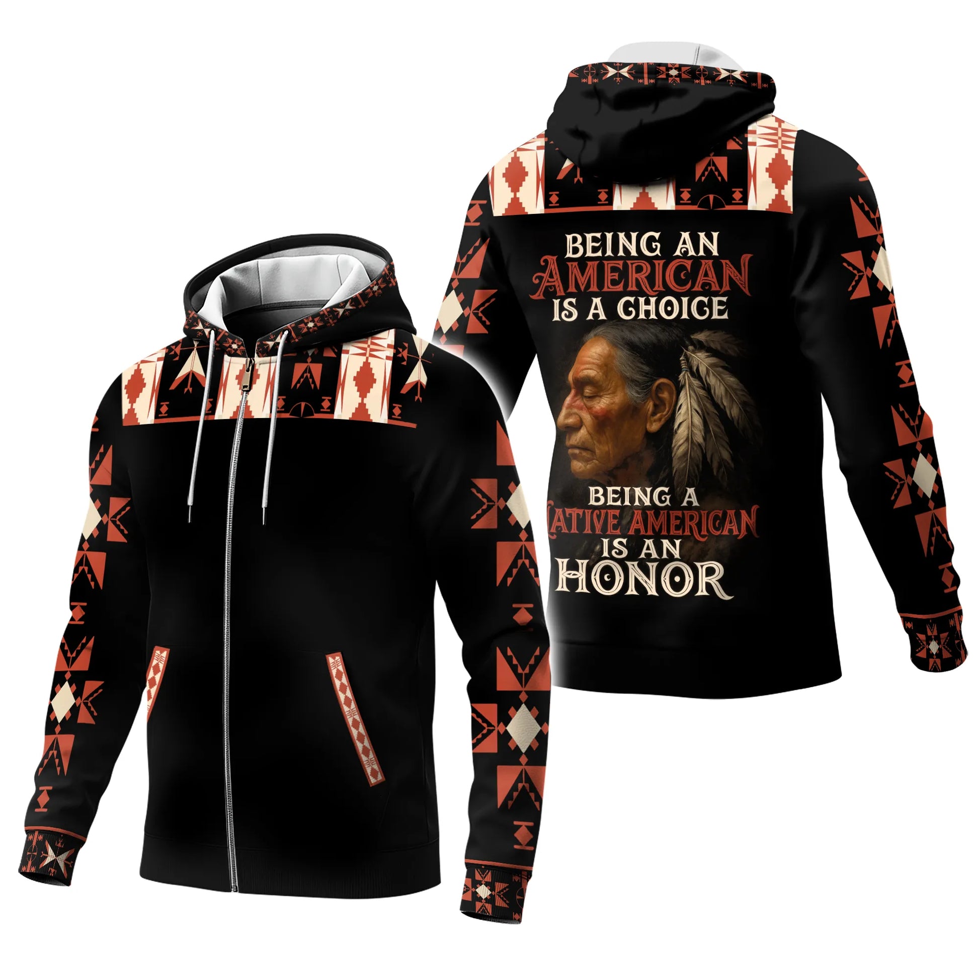 Front and back view of Native American fleece jacket with elder portrait and honor quote