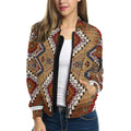 Front view of Native American Tribal Pattern Fleece Bomber Jacket in warm earth tones with bold geometric motifs