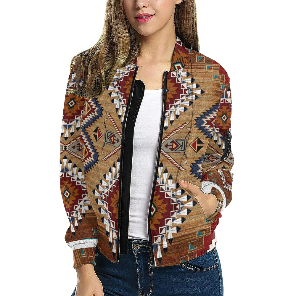 Front view of Native American Tribal Pattern Fleece Bomber Jacket in warm earth tones with bold geometric motifs