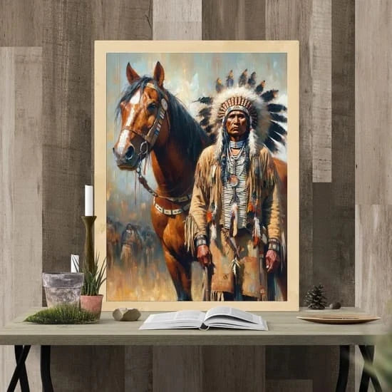 Custom digital painting of a Native American warrior in traditional attire standing beside a horse