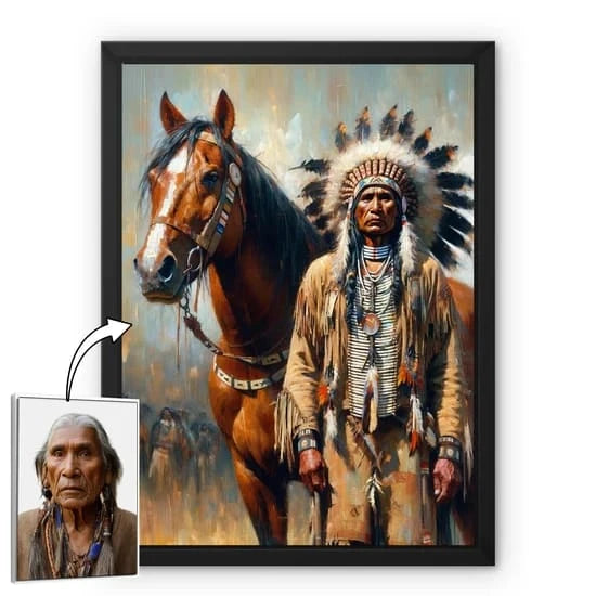 Custom Native American warrior artwork displayed on wooden table for home decoration
