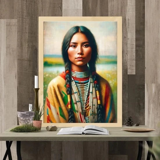 Native American-themed custom portrait displayed on a table with rustic and natural decor.