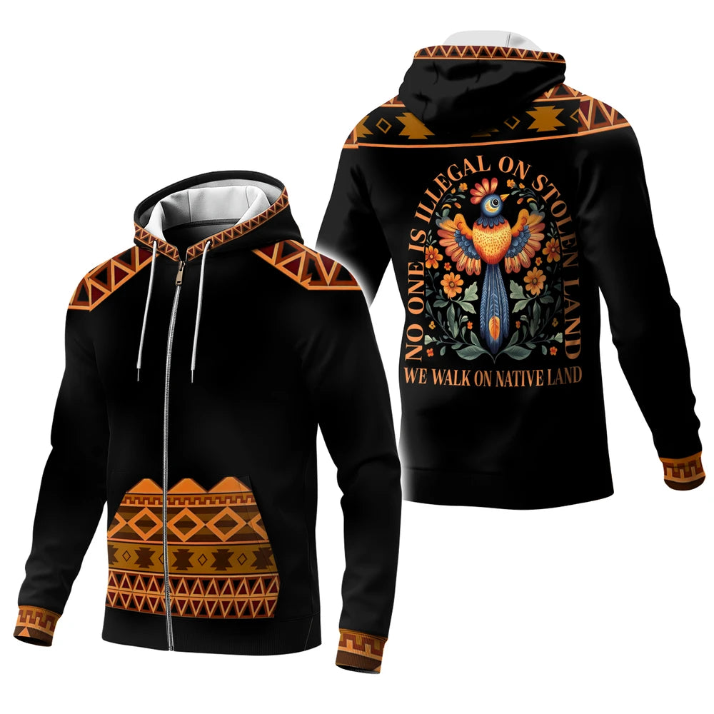 Native American zip-up hoodie with statement for Indigenous land rights and bold art