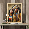 Framed Native American style portrait of a man in a feathered headdress and a woman in traditional attire, displayed on a wooden shelf with books and décor.