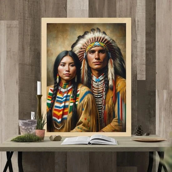 Framed Native American style portrait of a man in a feathered headdress and a woman in traditional attire, displayed on a wooden shelf with books and décor.