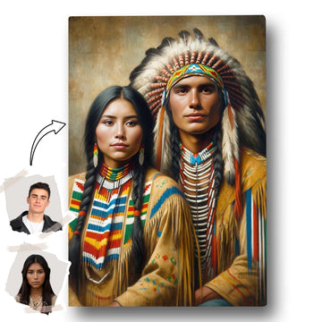 Framed Native American style portrait of a man in a feathered headdress and a woman in traditional attire, displayed on a wooden shelf with books and décor.