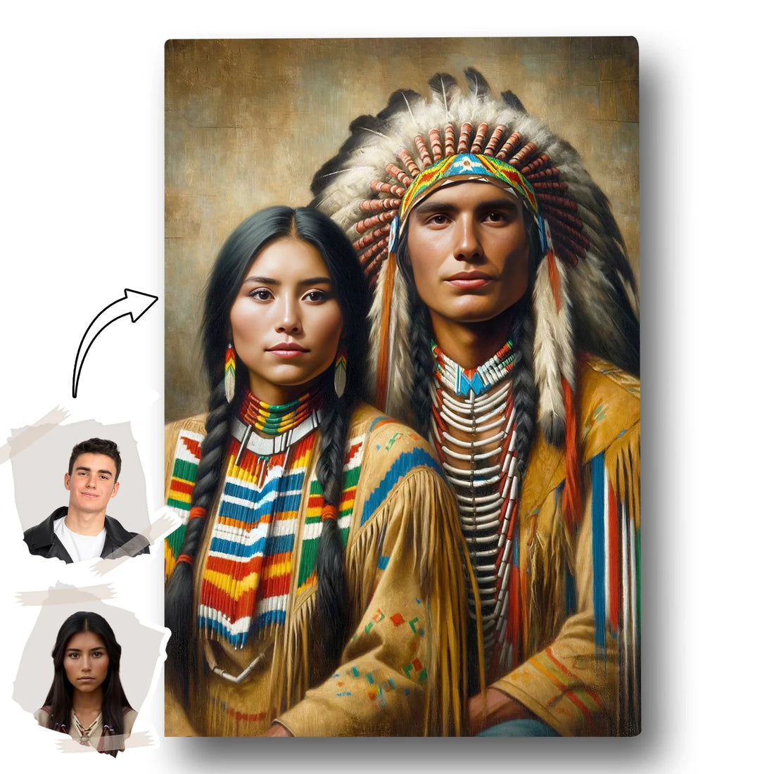 Mockup showing two small reference photos and the resulting custom Native American style couple portrait in a black frame.