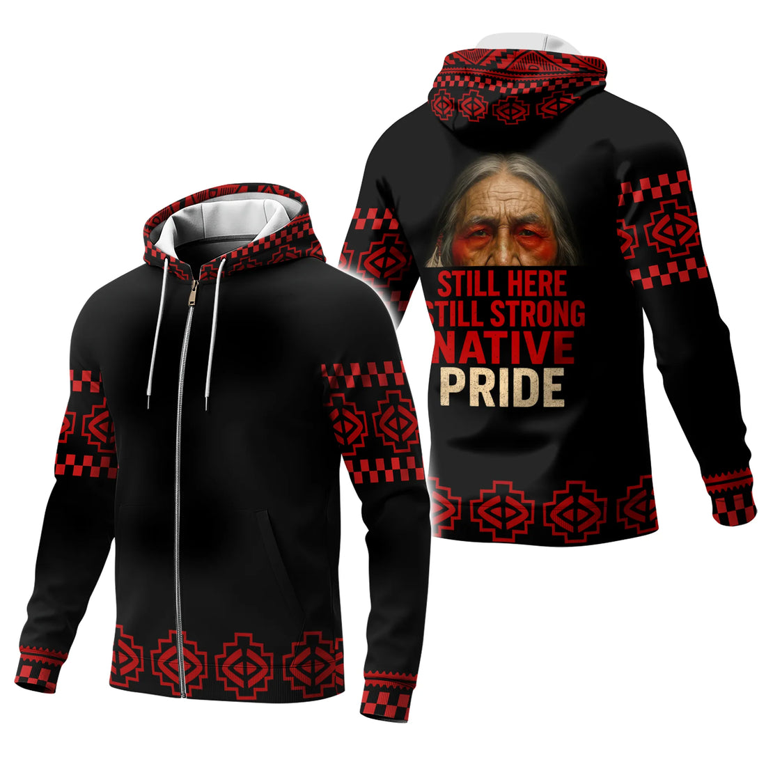
Person wearing Native Pride jacket in urban street, featuring strong cultural message