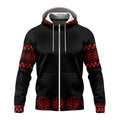 Front view of Native-inspired fleece jacket with bold red tribal motifs and zip-up hoodie