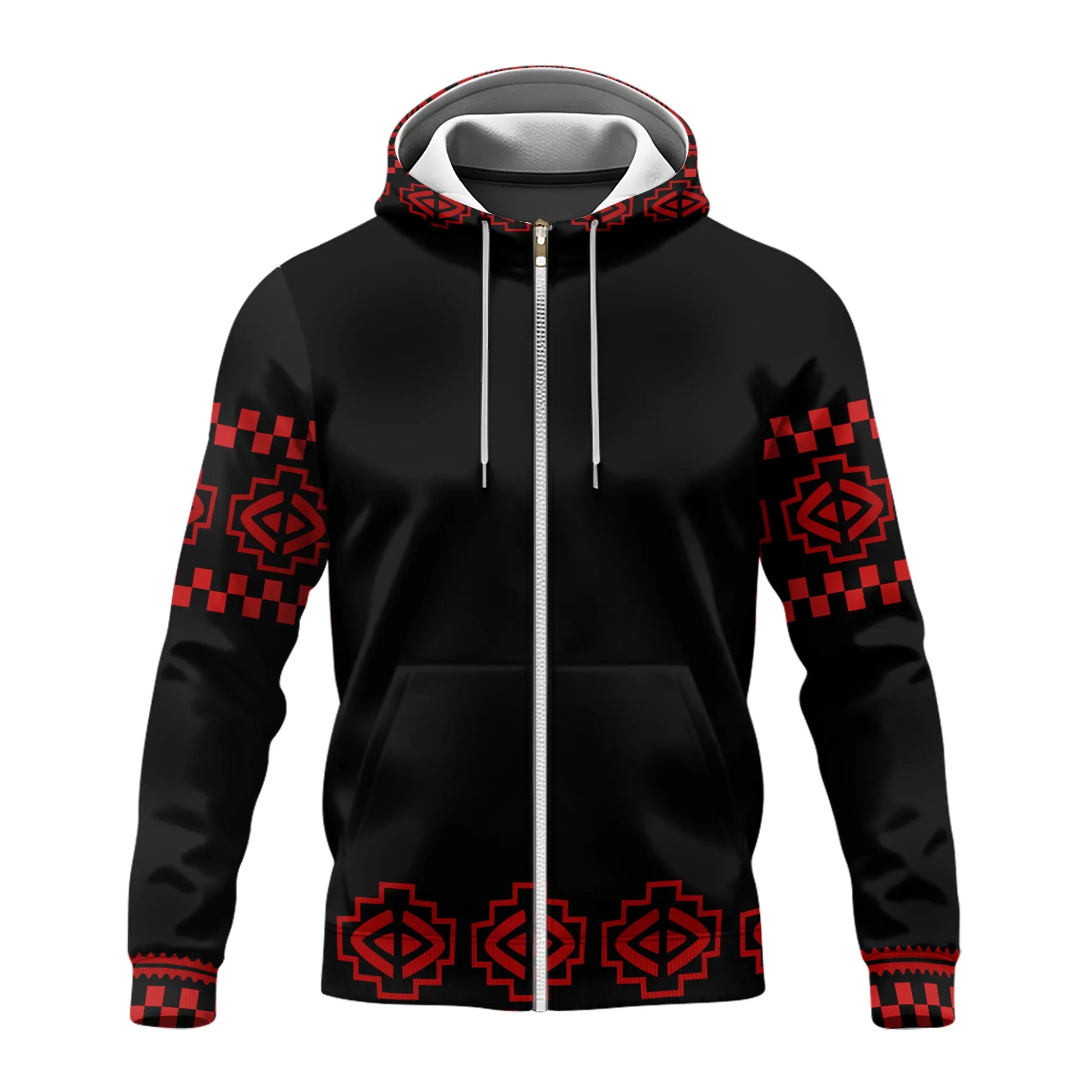 Front view of Native-inspired fleece jacket with bold red tribal motifs and zip-up hoodie