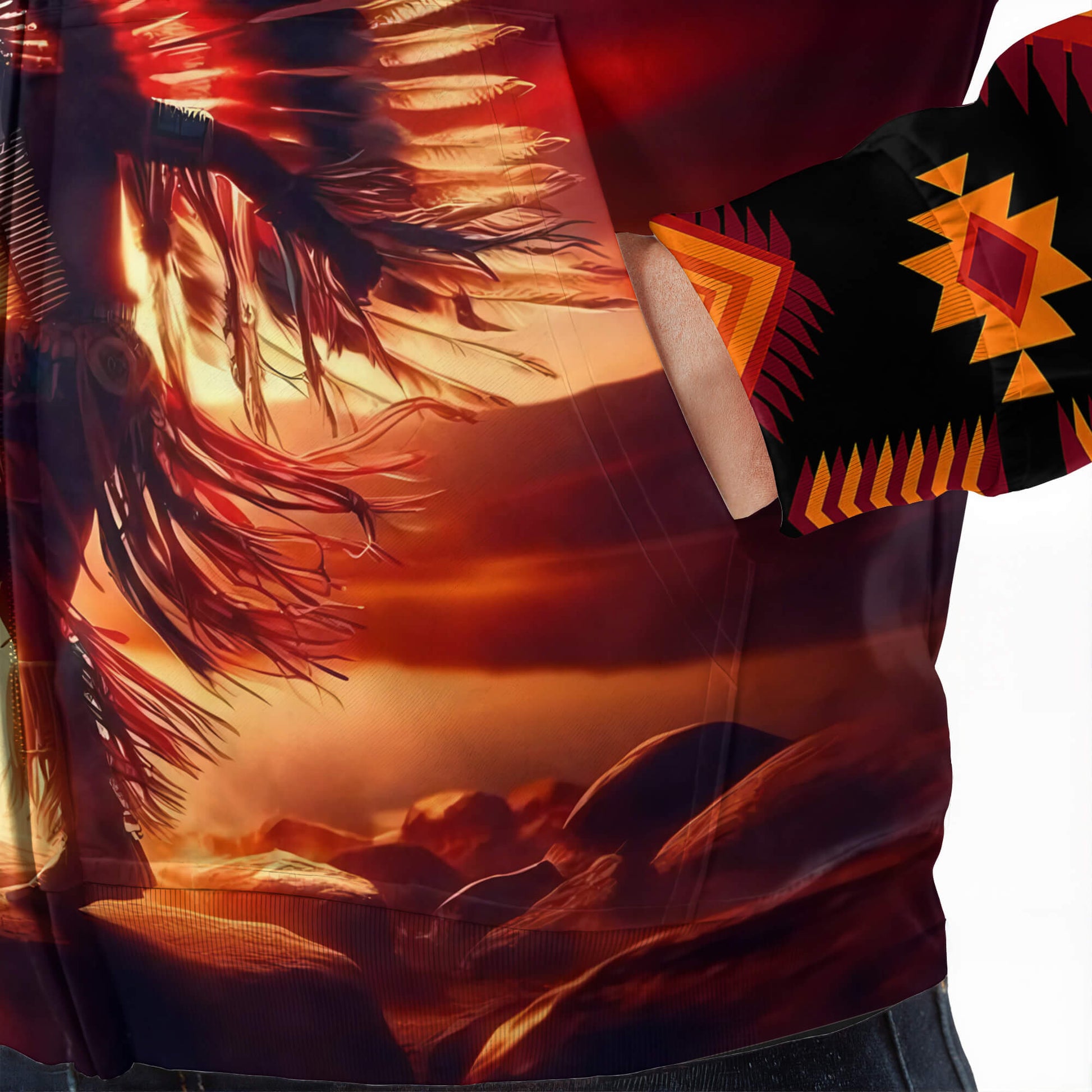 Close-up of hoodie sleeve showing detailed southwestern tribal print and vibrant stitching