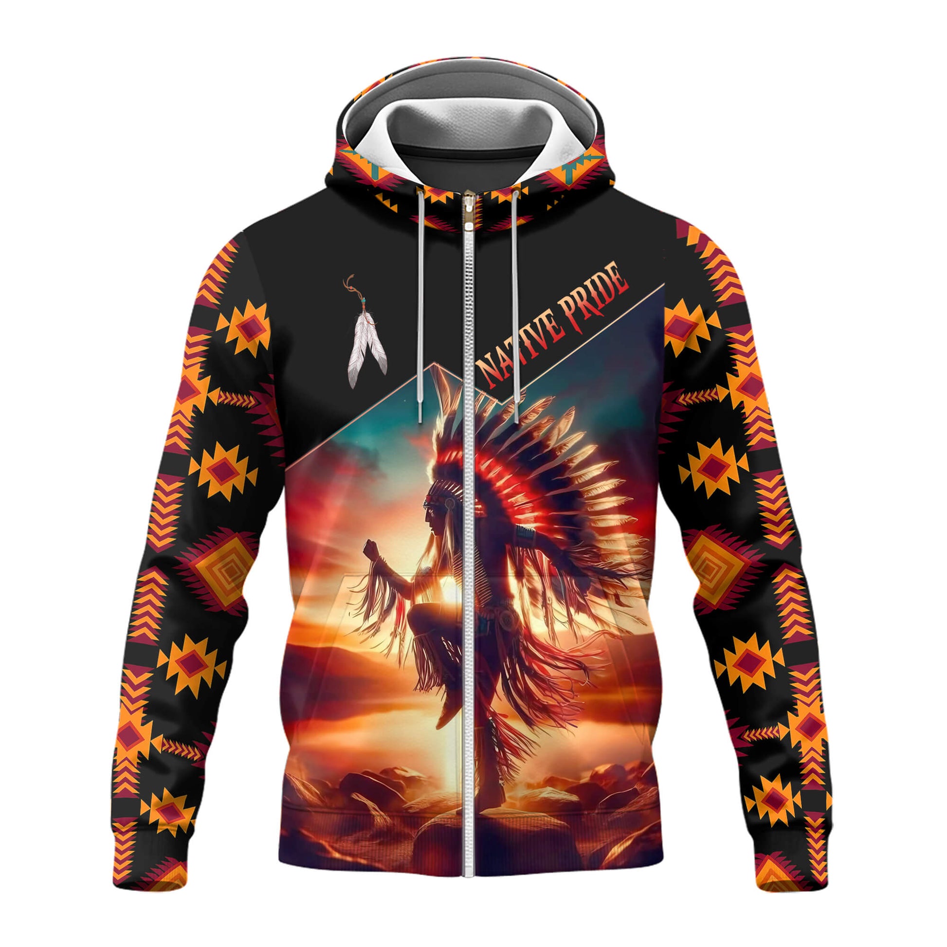 Front view of hoodie with sunset silhouette of Native dancer and southwestern tribal artwork