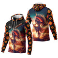 Front view of Native Pride hoodie featuring Native American dancer and tribal pattern design