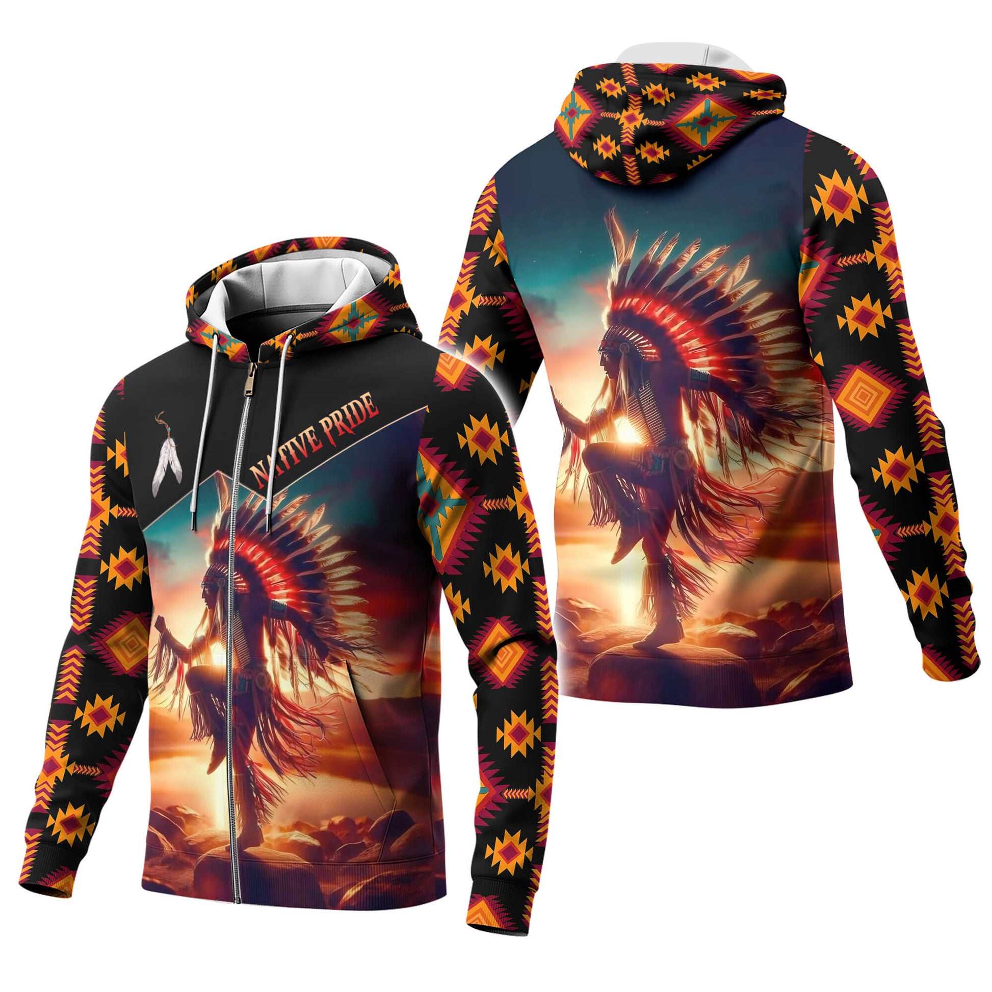 Front view of Native Pride hoodie featuring Native American dancer and tribal pattern design